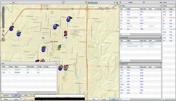 iNetDispatch CAD console showing a live map with unit locations, fire/unit status, active calls and assigned units