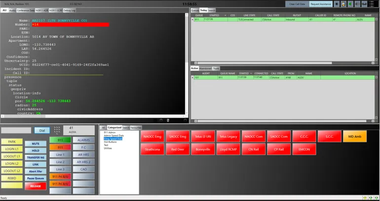 iNetPhone softphone console answering a 911 call with caller location, ALI data and speed-dial transfer options